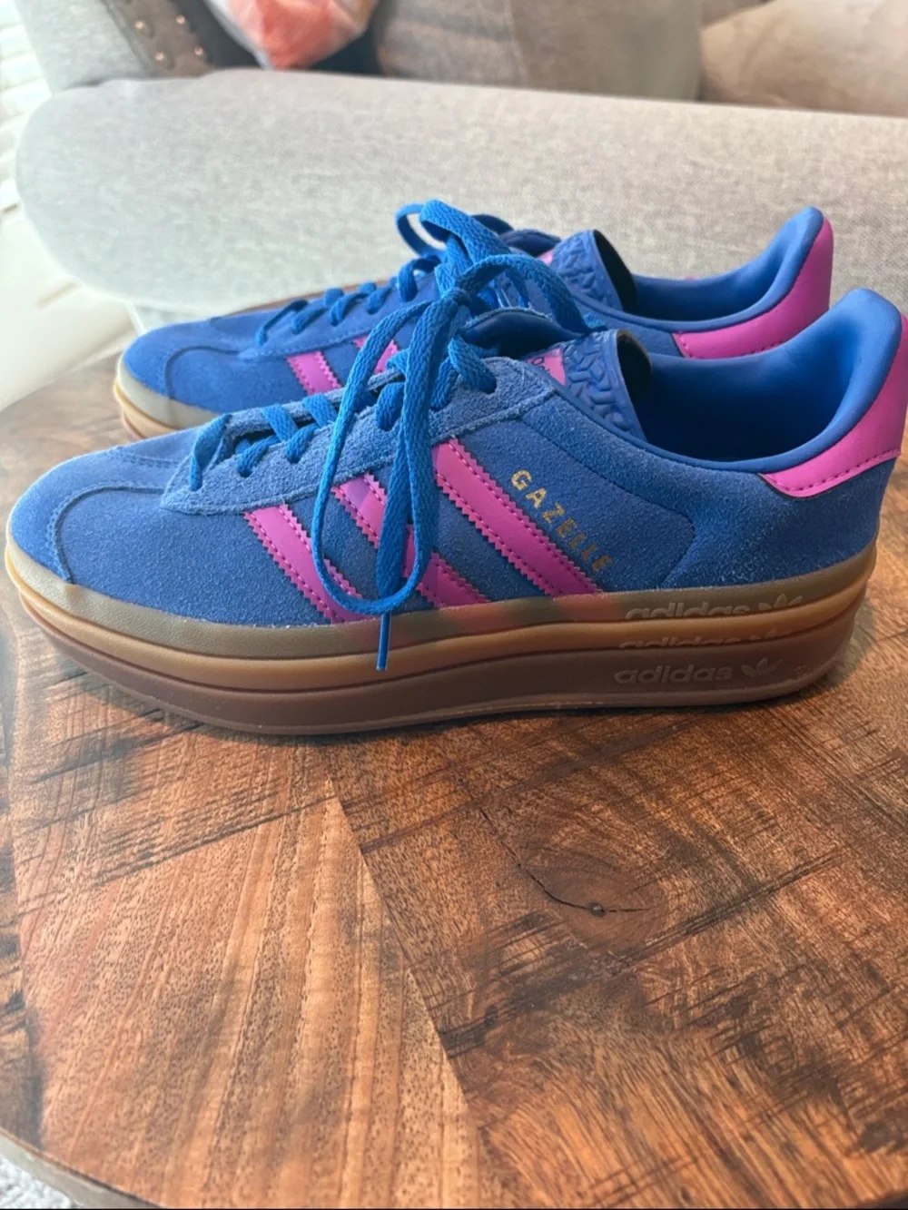 adidas Gazelle Platform Sneakers in Blue with Pink Accents - Picture 3 of 4